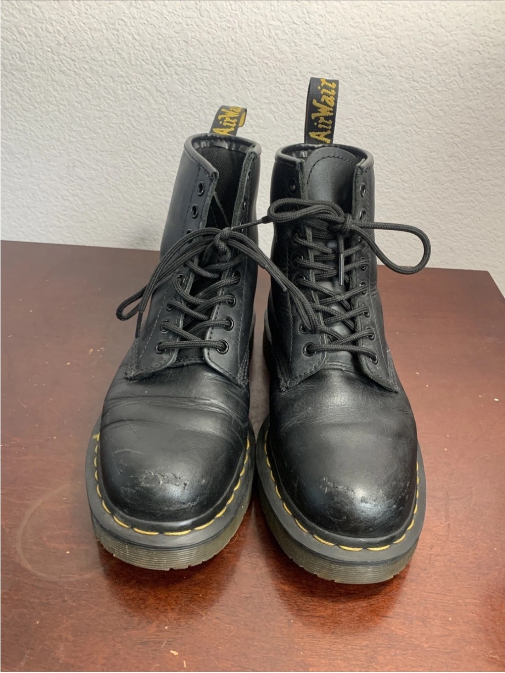 Dr. Martens Black Leather 8-Eye Lace-Up Boots with Yellow Stitching